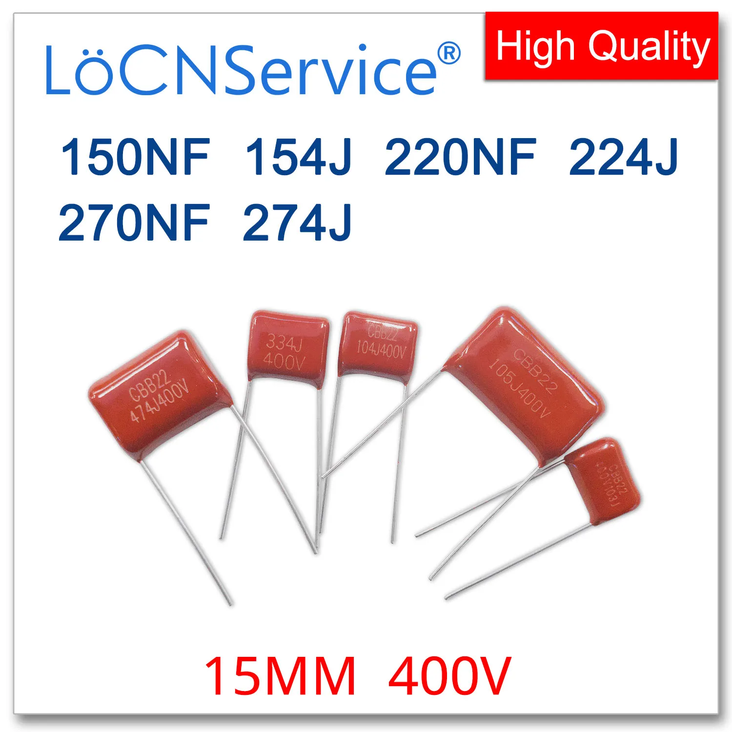 LoCNService 500PCS 400V 15MM 150NF 220NF 270NF 154J 224J 274J CBB Polypropylene Film Capacitor High Quality