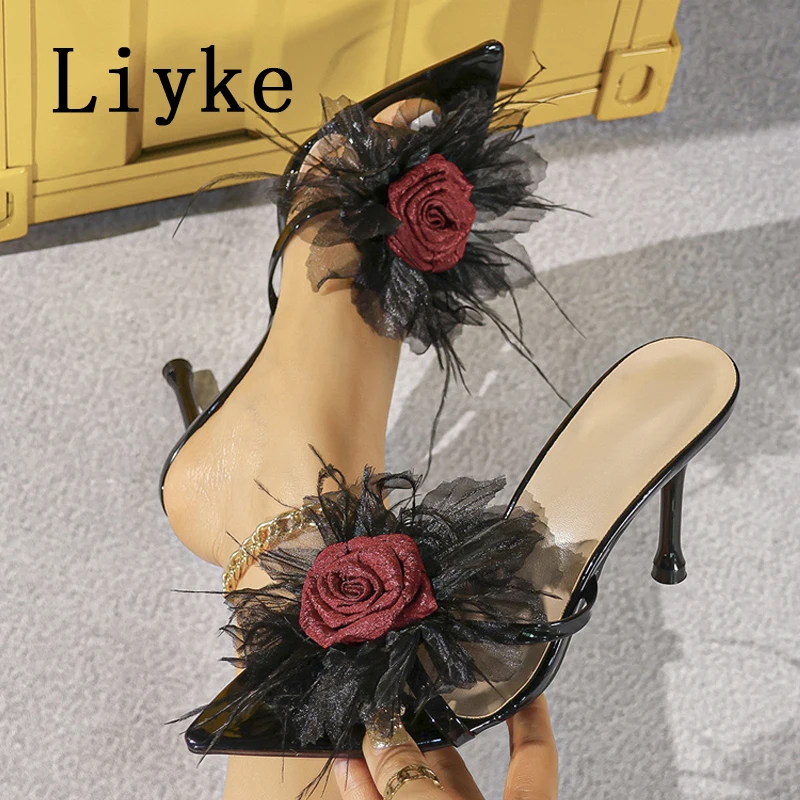 

Liyke Summer Slippers Women Sandal Fashion Design Lace Rose Flower Open Toe Mules High Heels Party Slides Shoes Zapatos De Mujer