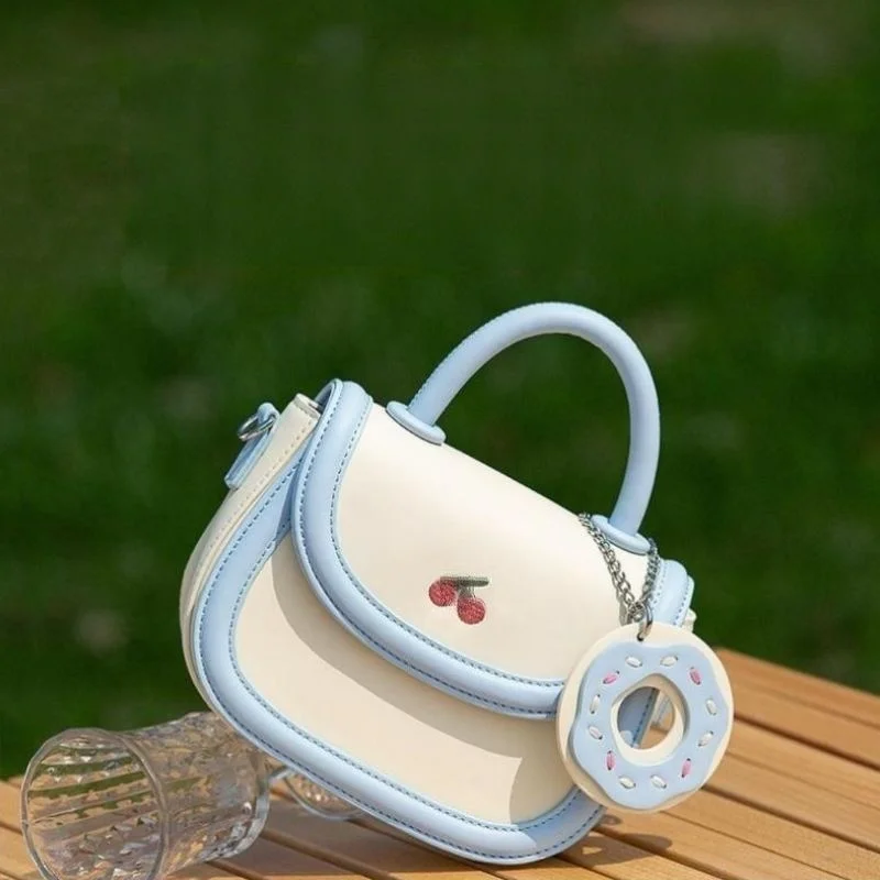 Cute Summer Girl Crossbody Bag 2023 New Cherry Donut Decorative Sewing Thread Style Pink Blue PU Leather Handle