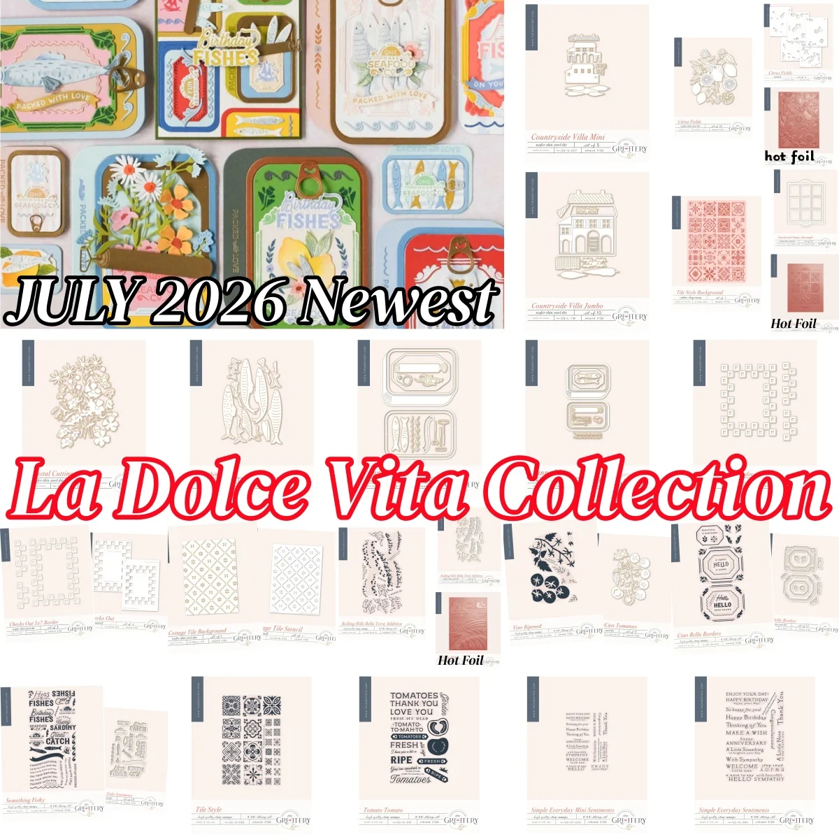 Colección La Dolce Vita: Troqueles de corte de metal, sellos transparentes, plantillas y láminas de estampado en caliente para decoración de álbumes de recortes DIY y manualidades.