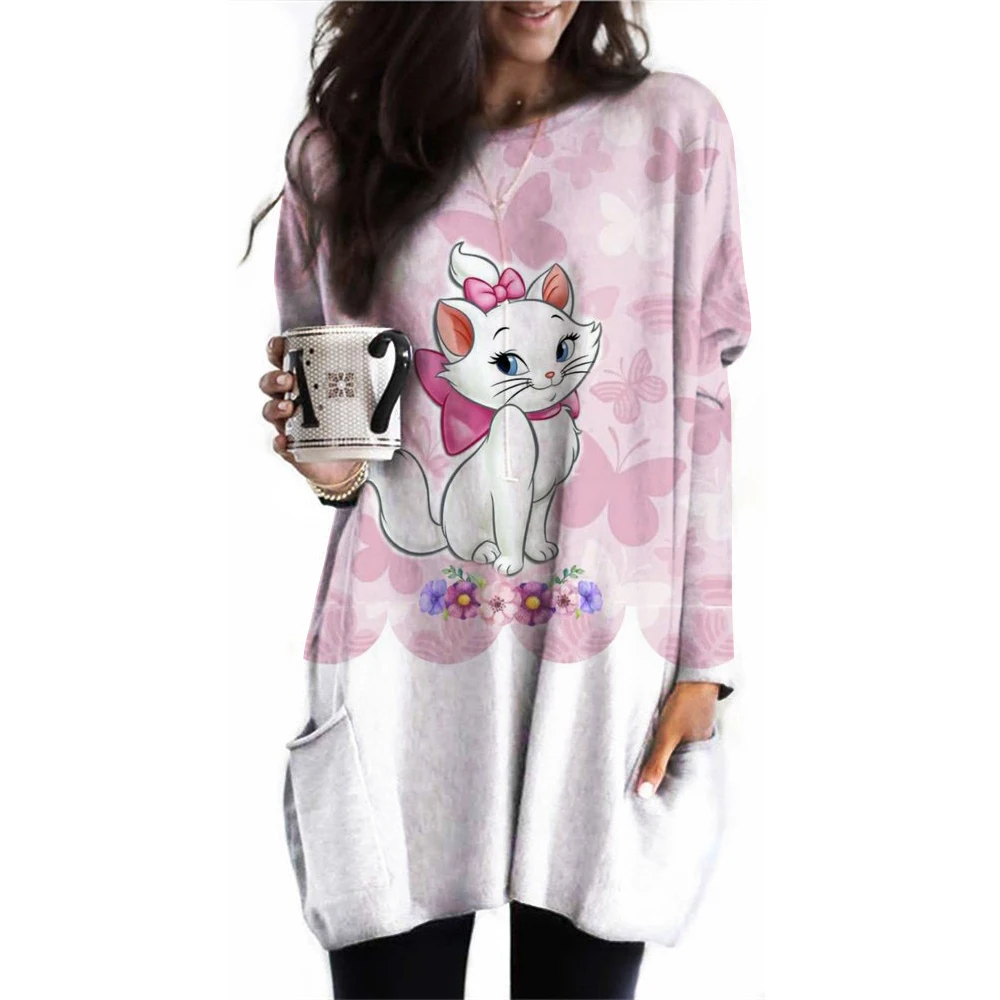 2024 New Women\'s Round Neck Long Sleeve T-shirt Disney Mary Cat Printed Long Sleeve Pocket T-shirt Women\'s Casual Street Clothin