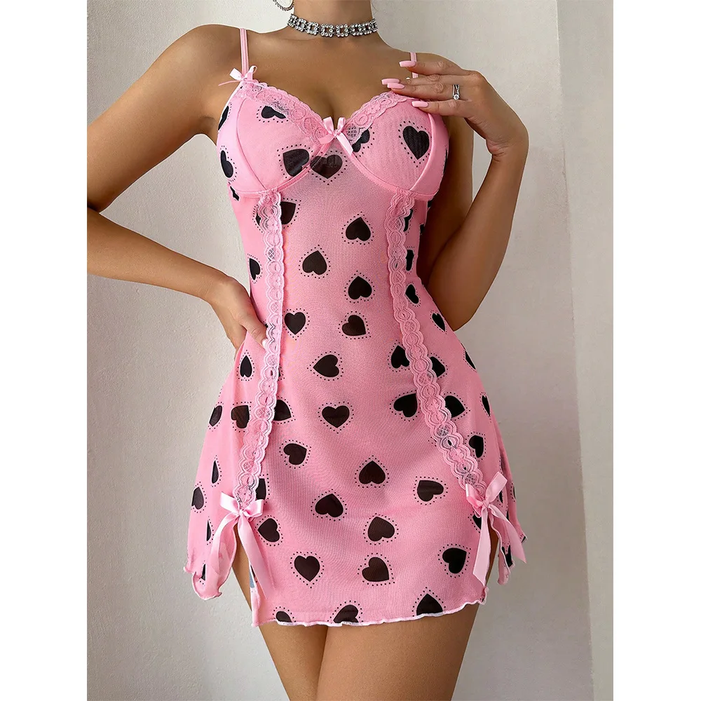 

Sleepwear Women's Heart Print Sexy Nightgown Pink Lace Sleeveless Suspender Pajamas Dress V-Neck Bow Home wear Sexy Night Dress
