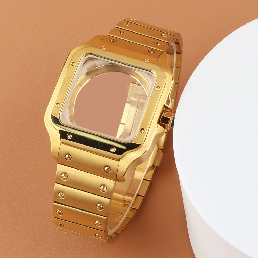 Gold NH35 Case Stainless Steel Strap 38mm for Santos Square Watch Case Waterproof For NH35 NH36 NH38 Movement NH35 Mods Parts