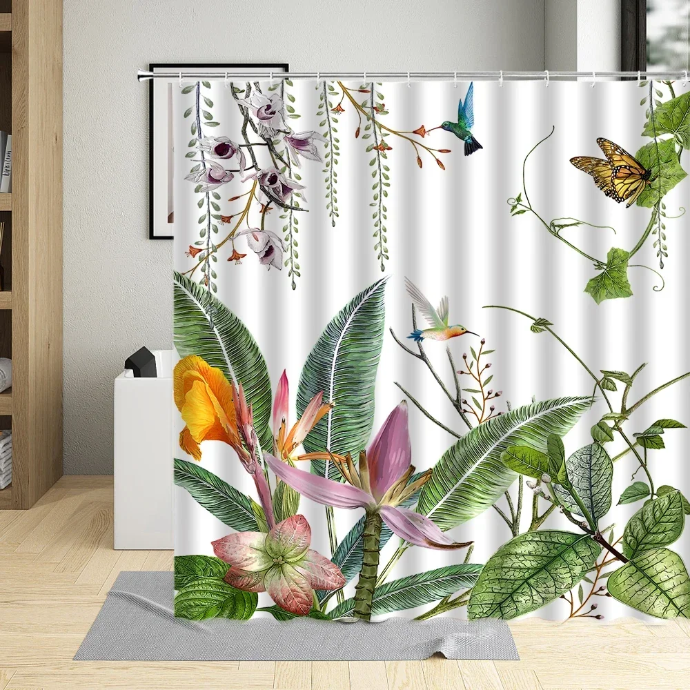 ants Flowers Green Leaf Animals Shower Curtain Butterflies Birds Bamboo Leaves Painting Bathroom Curtains Set Decor Waterproof