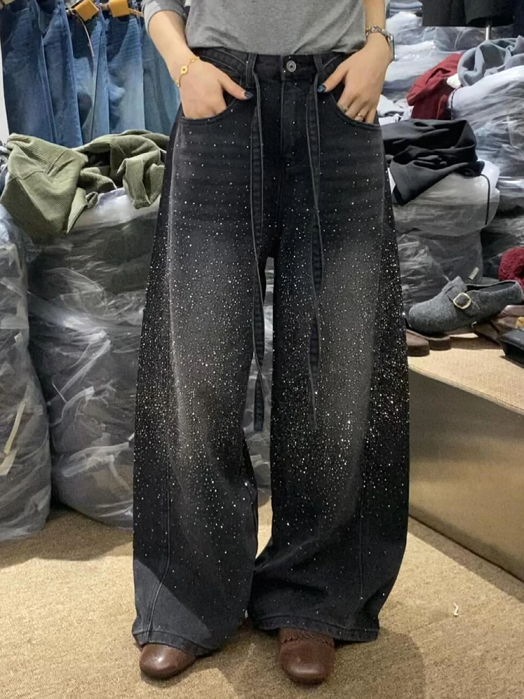 

Retro American Large Size Rhinestone Denim Pants Women's Loose Wide Leg Knife Floor Length Casual High Waist Jeans