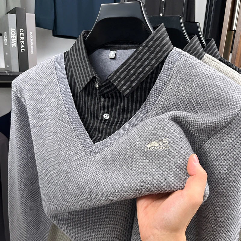 

Personality fake two-piece stripe lapel sweater men's luxury brand letter embossed pullover plush thicken warm autumn winter top