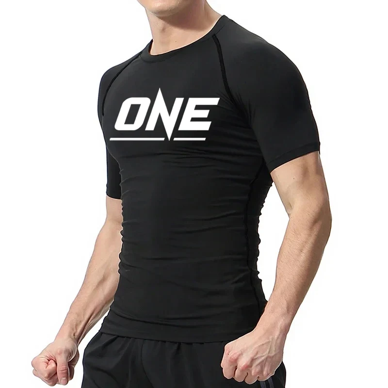 ONE Men's Short Sleeve Compression T-Shirts MMA Fighting Sportswear Running Fitness Rash Prevention Male Gym Training T-shirt