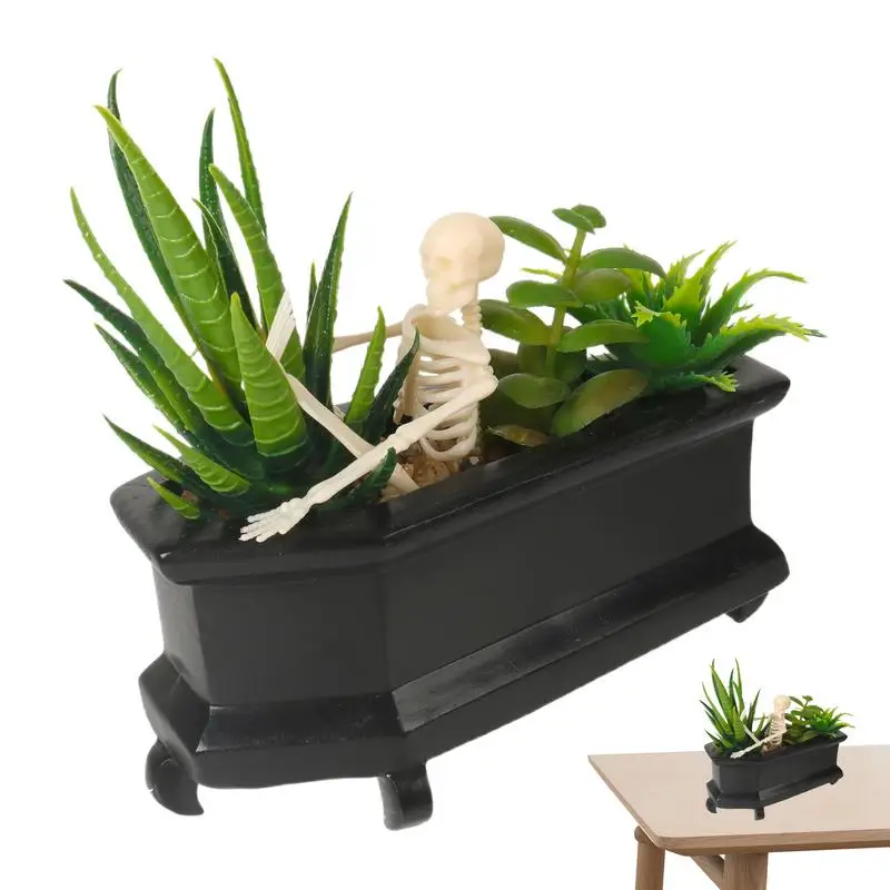 Skull Fake Plant Coffin Faux Indoor Plants Skeleton In The Coffin Shelf Decor Desktop Props For Home Bedroom