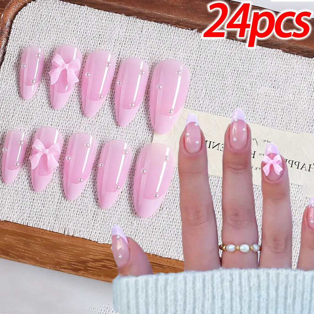 

24 шт. Kawaii Bow Pearl Almond Flase Nails Средние глянцевые розовые французские ногти с полным покрытием, носимые искусственные накладные ногти из АБС-пластика