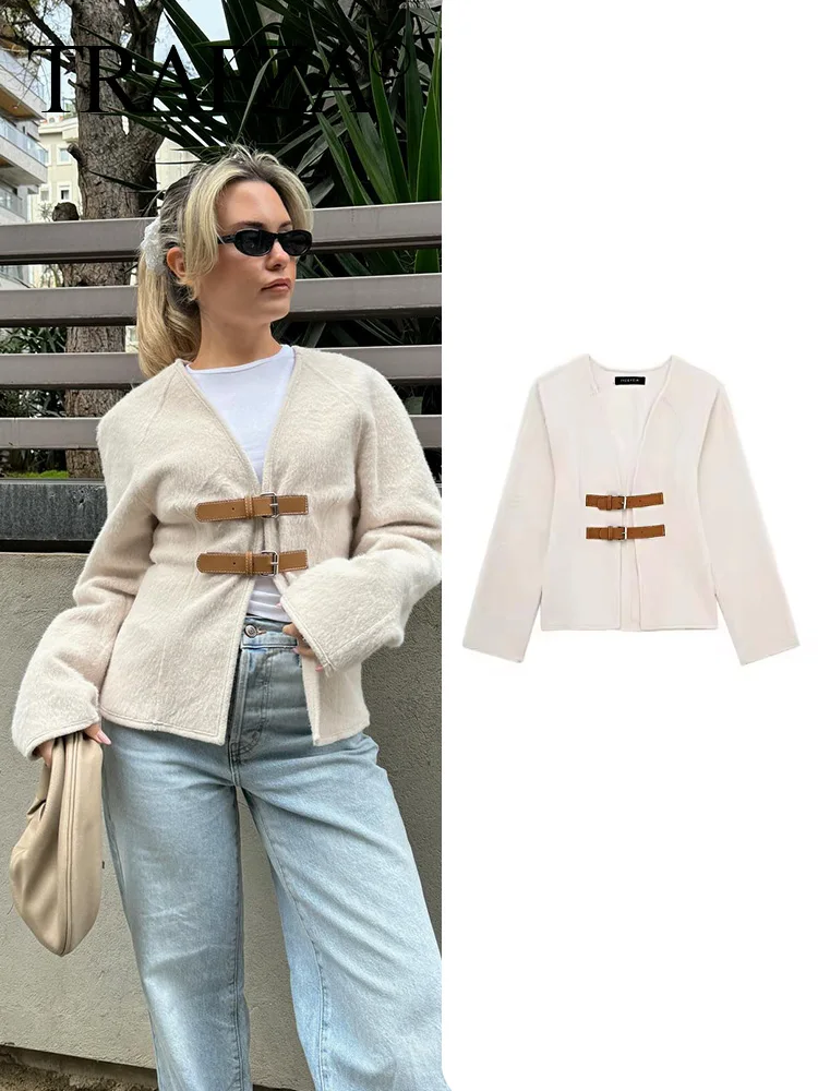 TRAFZA 2024 Woman\'s Fashion Casual Beige Cardigan Coat Thick Wool Liner V-Neck Long Sleeves With Belt Slim Crop Tops Street