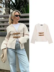 TRAFZA 2024 Woman's Fashion Casual Beige Cardigan Coat Thick Wool Liner V-Neck Long Sleeves With Belt Slim Crop Tops Street