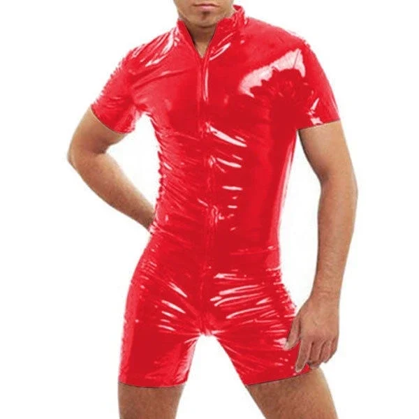 

fetishism 100% Latex Rubber Red Front zipper Men's fitness casual uniforms Size XS~XXL