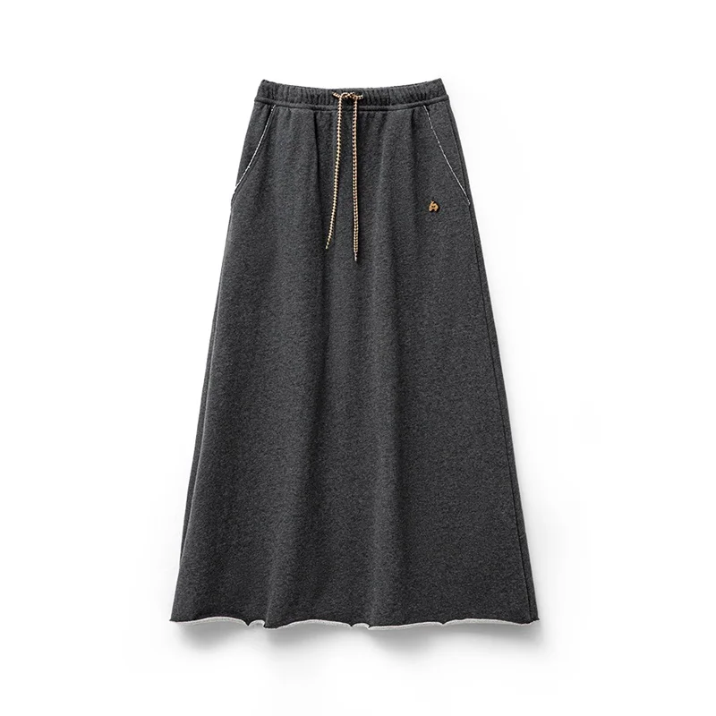 Maden Casual Knit Skirt Drawstring Elastic Waist A-Line Loose Fit with Pockets Solid Color Versatile Maxi Skirt for Autumn Women