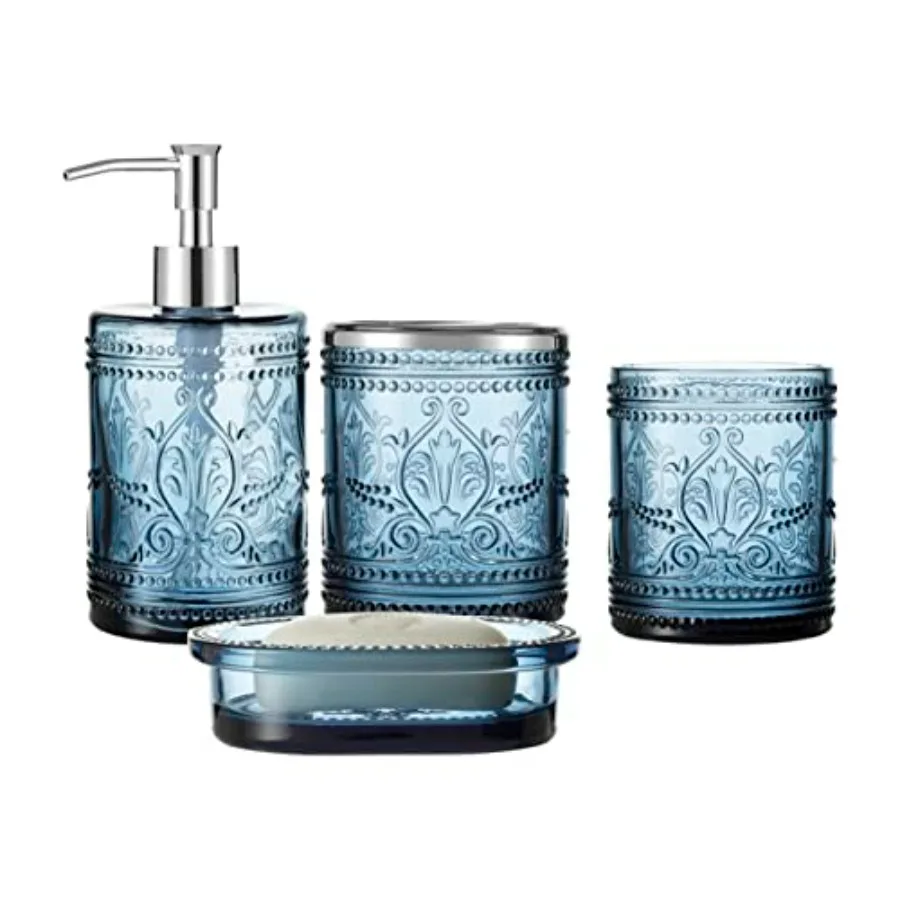 

4PCs Teal Blue Glass Bathroom Accessories Set with Decorative Pressed Pattern - Includes Hand Soap Dispenser Tumbler Soap Dish