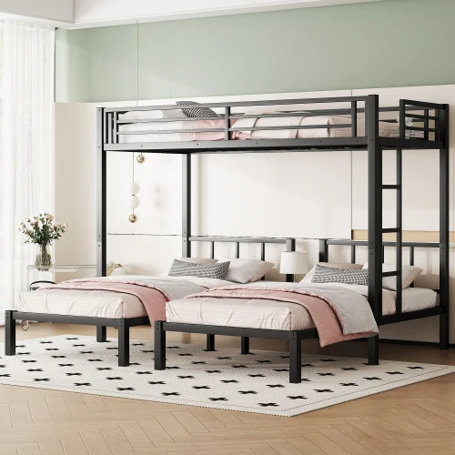 

3 in 1 Double Decker Bed for Kids Separable Triple Bunk Beds Metal Frame for 3 Kids with Led Lights