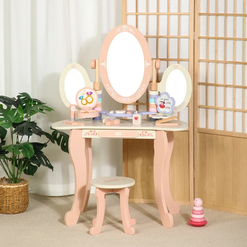 Wooden Simulation Makeup Table Playhouse for Kids Educational Pretend Role Play Preschool Dresser Hobbies Learning Tools