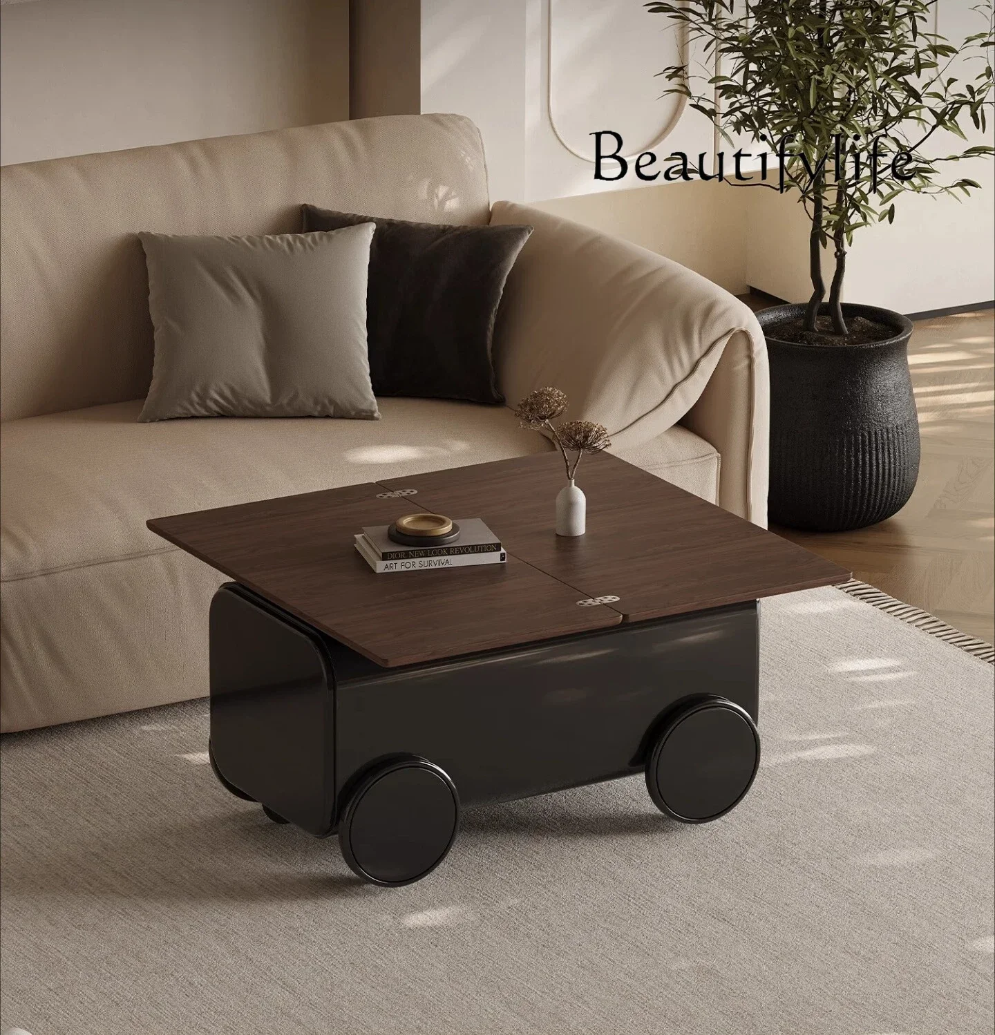 N44 Ea Italian minimalist movable coffee table trolley folding dining table rectangular light luxury living room household solid