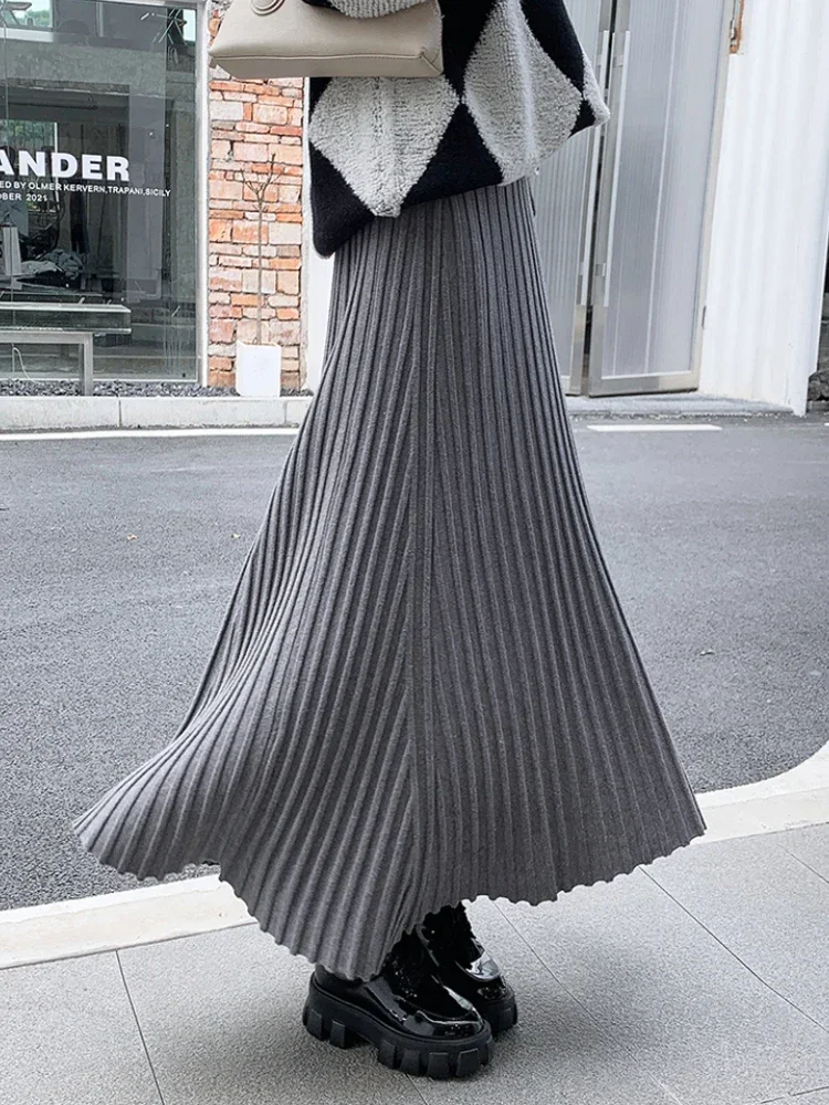 Autumn Winter Women\'s Long Skirt High Waist Knitted A-line Pleated Skirt Ladies Elegant Solid Gray Loose Casual Skirts for Women
