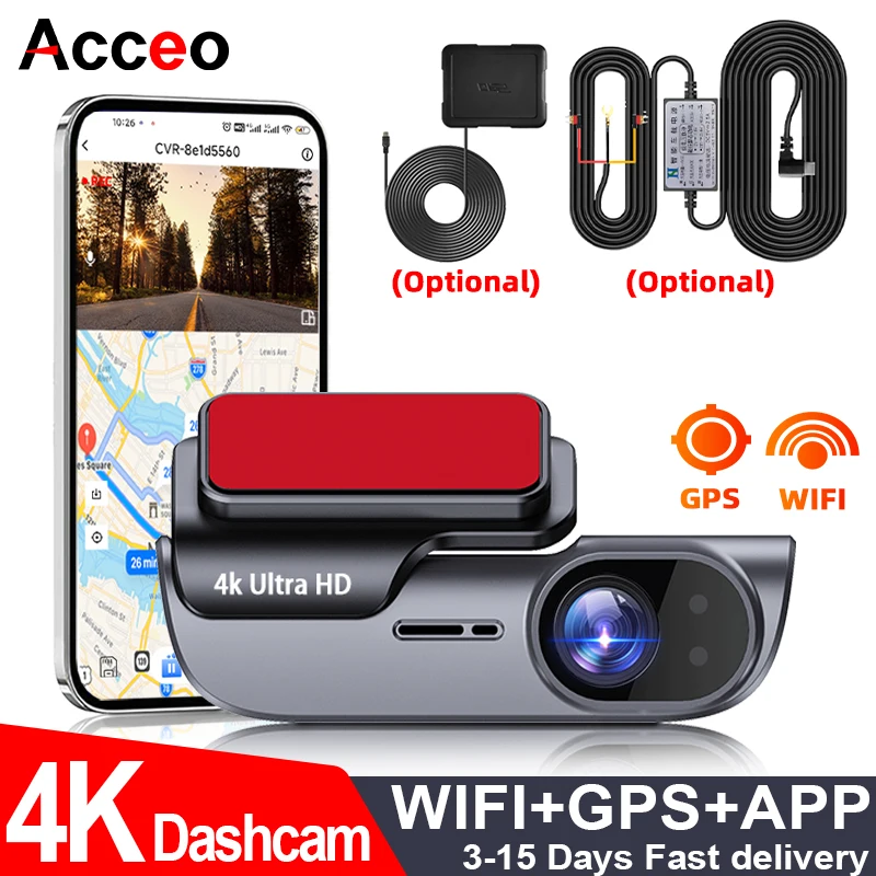 ACCEO Car Dashcam Auto 4K Front Car DVR Night Vision Support GPS and WiFi APP Loop Recording Video Car Recorder 24 Hour Parking