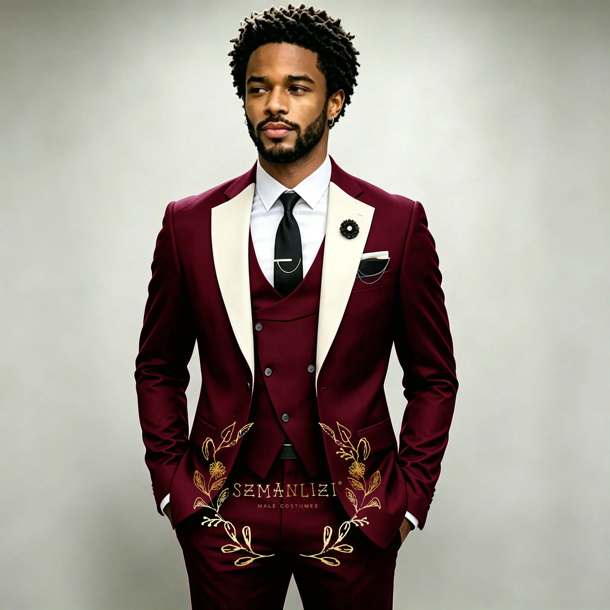 

Ivory Collar Burgundy Men Suit Wedding Party Formal Groom Groomsman Prom Business Male Tuxedos 3 Piece Set Jacket Vest Pants