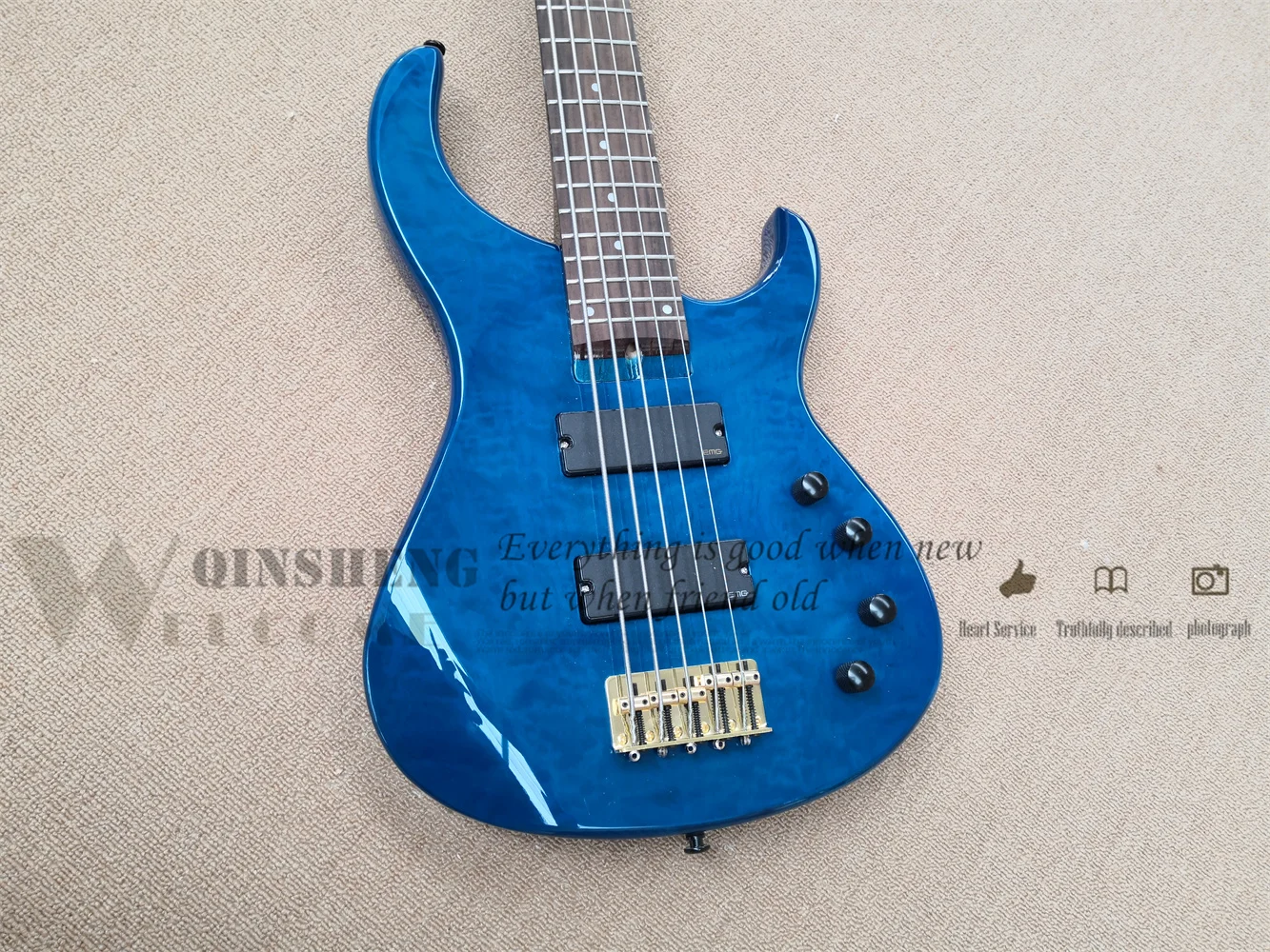 Custom 5 string classic electric bass guitar, blue mo bass, squilted veneer, gold bridge, black button