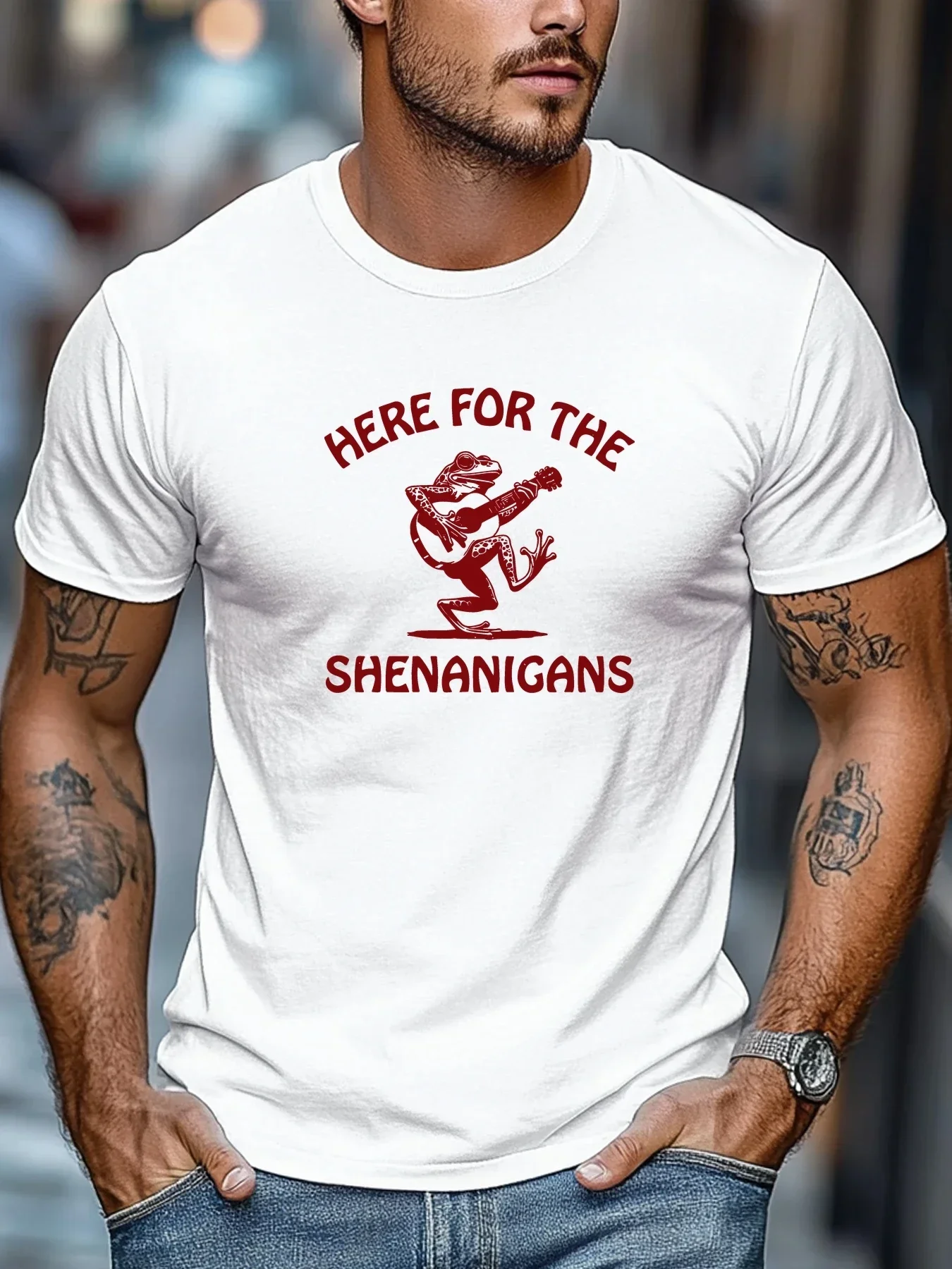 Men Black Crew Neck Tee Red Funny Frog Playing Banjo Here For The Shenanigans Humor Graphic Soft Cotton Male Casual Short Tops