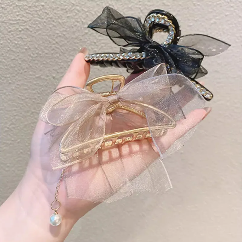 Женский минималистичный темперамент, заколка для волос и головной убор, зажим в виде акулы, сетчатый бант, зажим для захвата