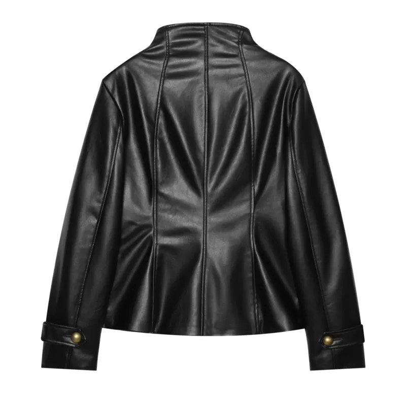 HipSeam Women's Leather Effect Jacket Stand Collar Long Sleeve Shoulder Tabs Button Woman Winter Jackets Chic Female Coats