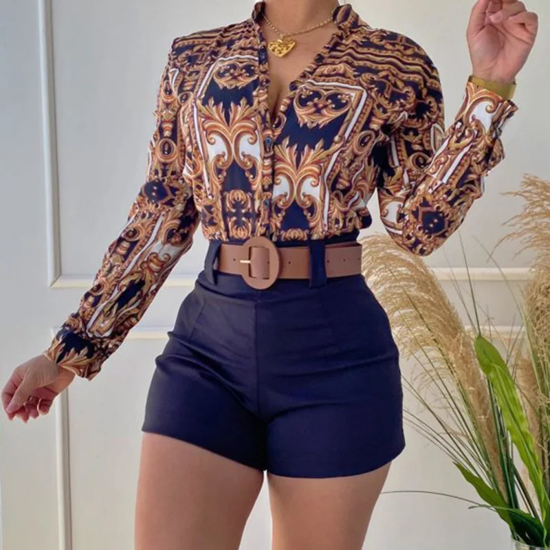 

Women's Two-piece Set 2024 Summer Fashion Print Stand Up Collar Single Breasted Long Sleeved Shirt Female's Top and Shorts Suit