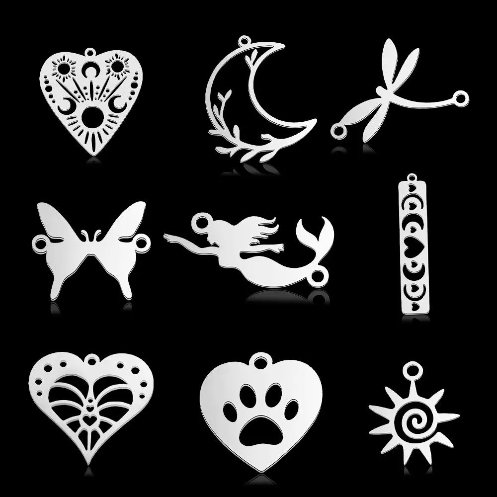 Lote de 10 piezas de acero inoxidable: Conectores DIY con formas geométricas de corazón, colgantes de joyería con diseños de sirena, luna, rama, ala de ángel y libélula, al por mayor