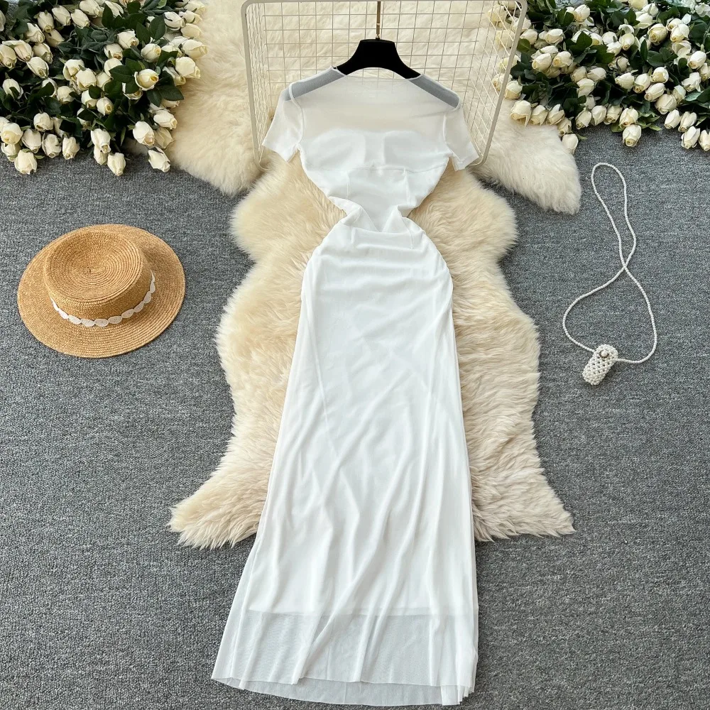 Vestido elegante transparente de malla, Vestidos de hadas elegantes a la moda coreana, Vestidos sexis de cintura alta acampanados, bata de vacaciones de verano para mujer
