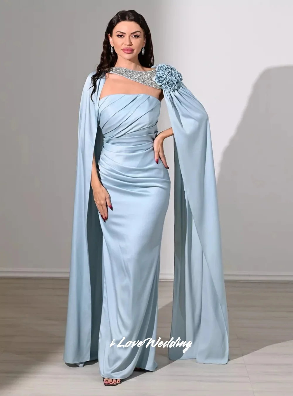 

Blue Strapless Shawl Beaded 3D Flower Prom Dress Sleeveless Mermaid Pleated Floor-length فستان سهرة نسائي Customiz