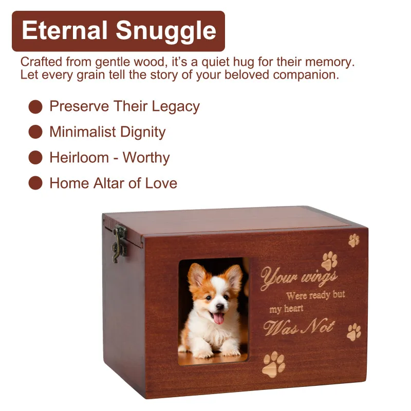 Medium Wooden Pet Urn for Dog Cat Ashes Memorial Keepsake Box with Picture Frame Black Flannel Interior Pet Loss Sympathy Gift