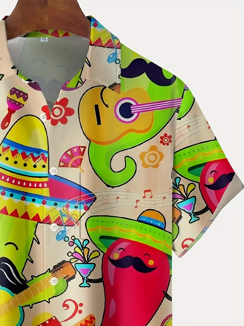 Mexican Men\'s Shirt Sunflower Pepper Pattern Short Sleeved Shirts Tops Summer Casual Vacation Blouse Streetwear Men\'s Clothing