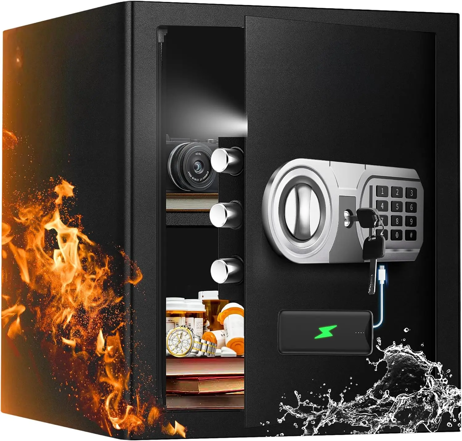 Secure Home Safe with Alarm, USB-C Power & Quiet Access - 2.0 CuFt Mid-Size Cabinet Safe for Bedroom or Office, Motion Light, Ke