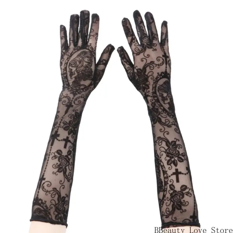 

Gothic Styles Lace Gloves Decorated With Skull Crosses Design Suitable For Festival Event And Performances