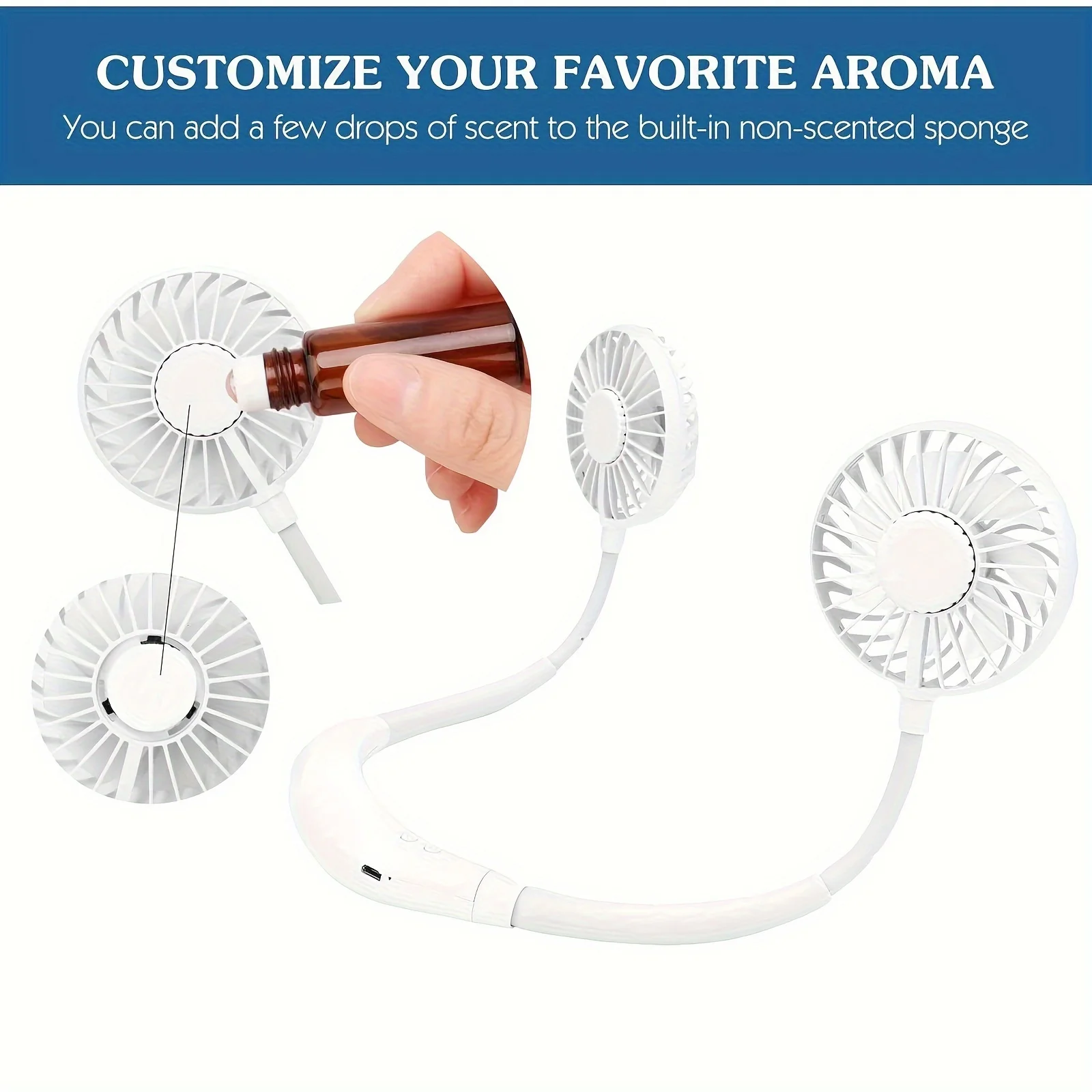 2 szt. Ulepszona wersja Przenośny wentylator na szyję, dioda LED zmieniająca kolor, z aromaterapią, °   Swobodny obrót i silny przepływ powietrza o niższym poziomie hałasu