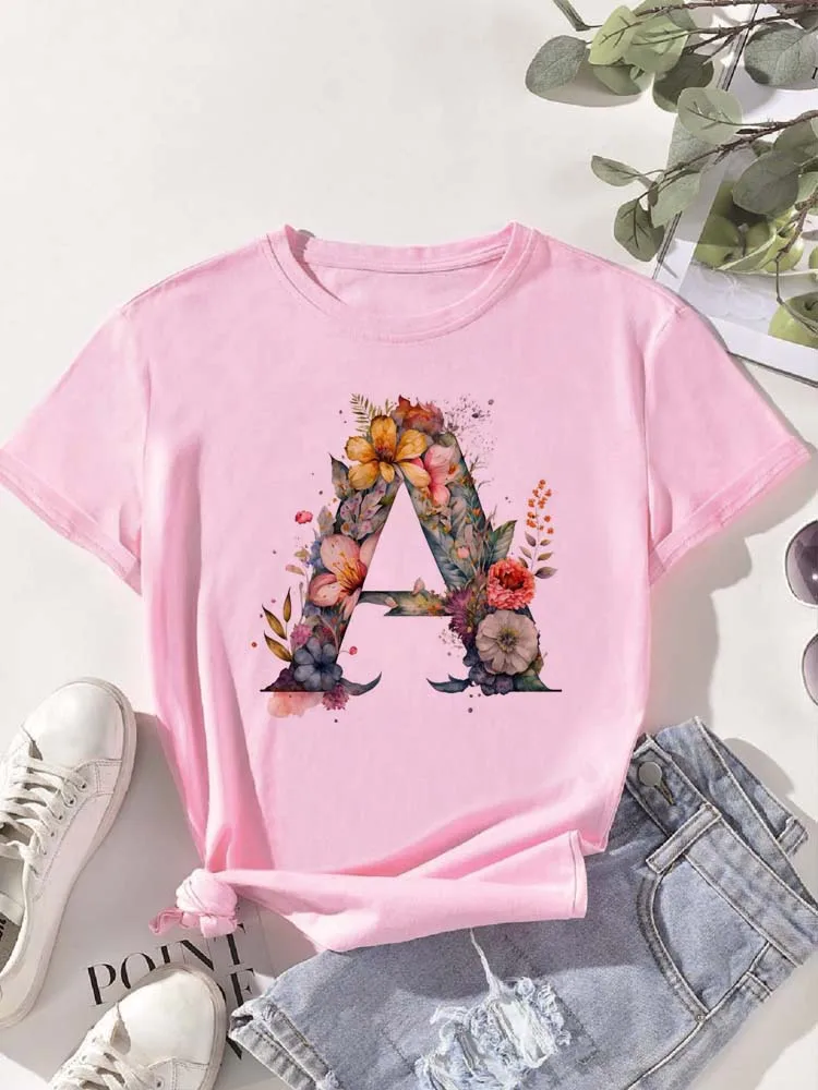 A B C D E English Alphabet Floral Print Pink T Shirt Women New Summer Female T-Shirt Harajuku Casual Tops Tshirts
