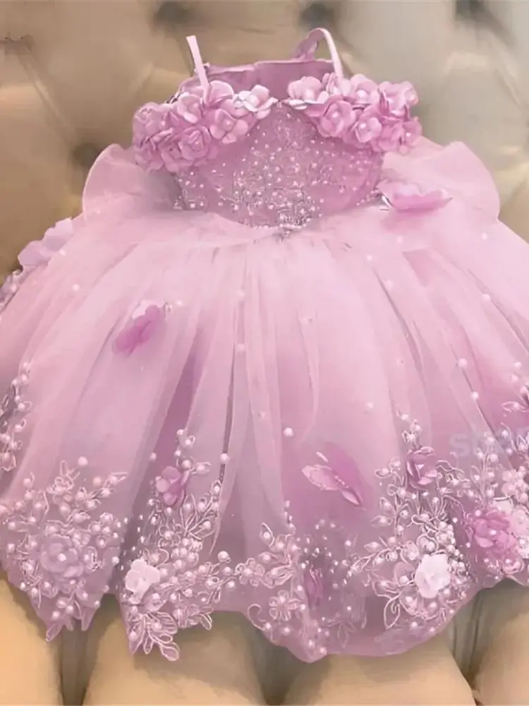 Baby Girls Dresses Off Shoulder Pearls Lace Butterflies Flower Girl Dress Infant First Birthday Party Gown