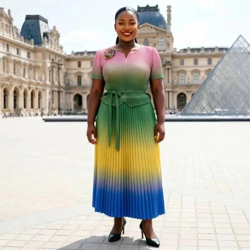 ANLAN Nihce Rainbow Colors Women's Pleated Dress Fashion Waist-cinching High Elastic Slim Short Sleeve Summer Clothing 2026 New
