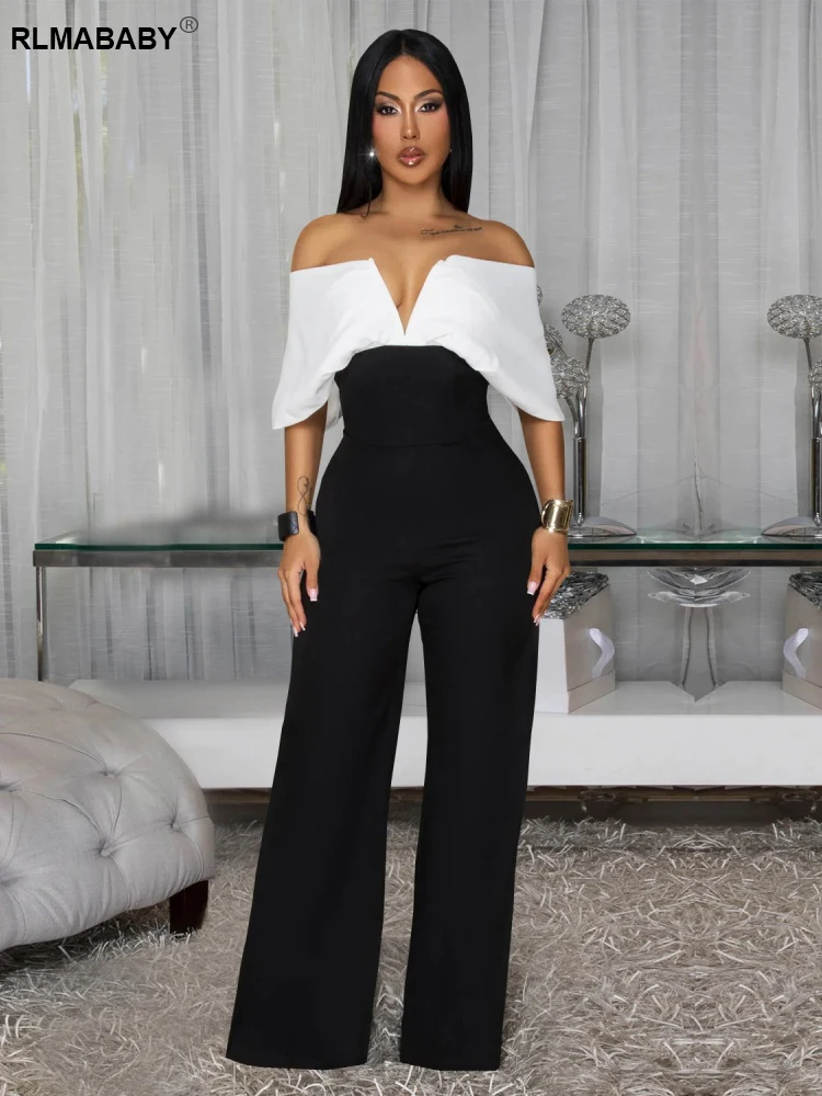 

RLMABABY Sexy V Neck White Black Spliced Classic Women Bodycon Jumpsuit Slim Off Shoulder Backless High Waist Rompers Jumpsuit