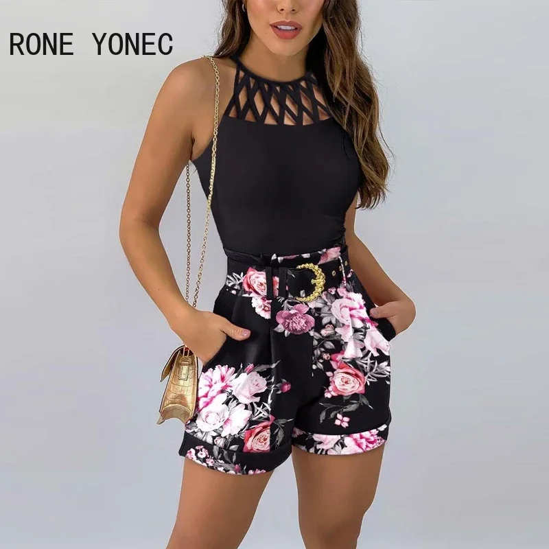 Women Casual Halter All Over Print Bottom & Solid Top Sleeveless with Belt Hollow Out Summer Bodycon Short Sets