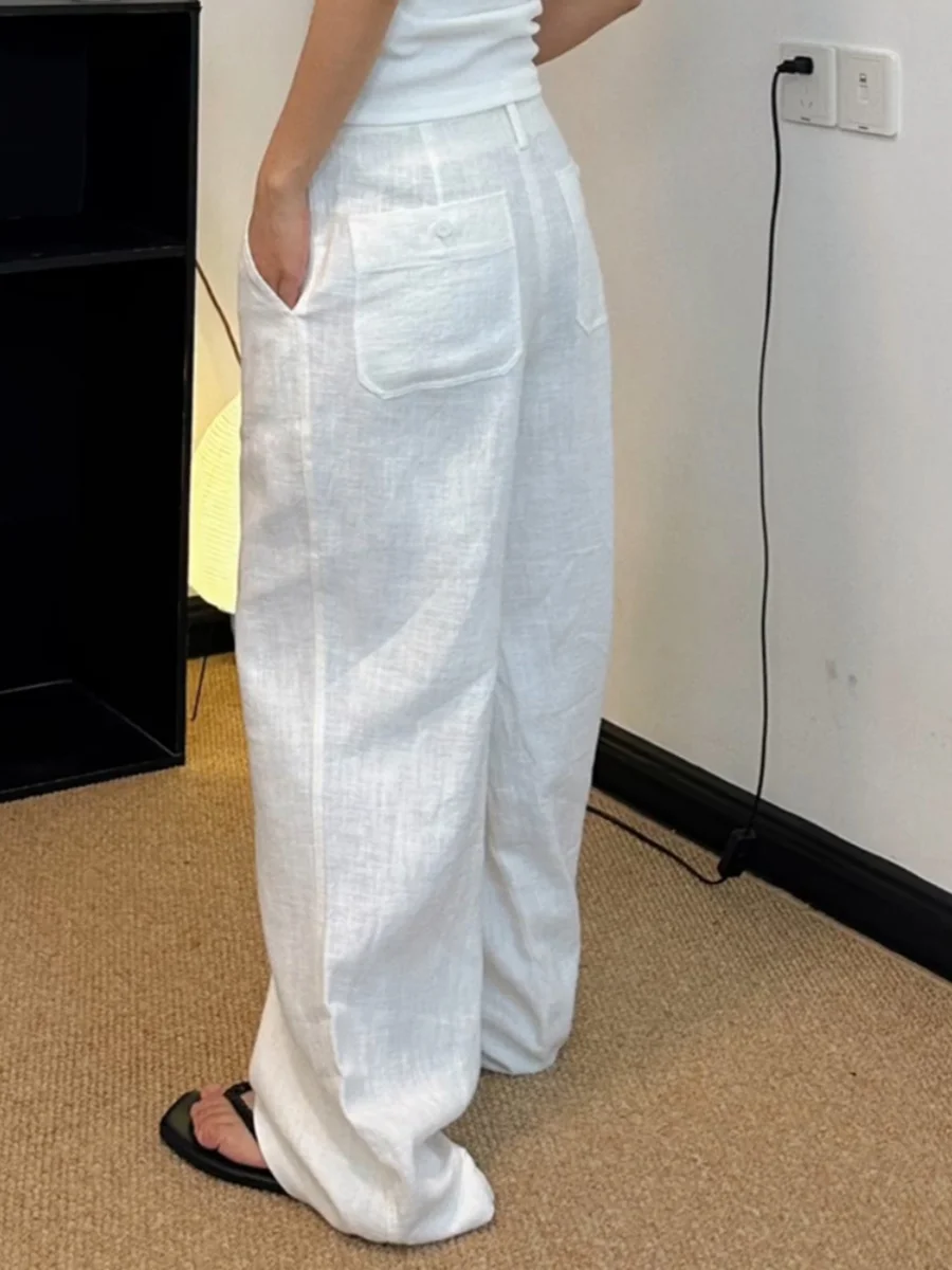 Plones de lino blancos para mujer, plones de pierna ancha informs hoados de lino y aodón fino de verano, p...