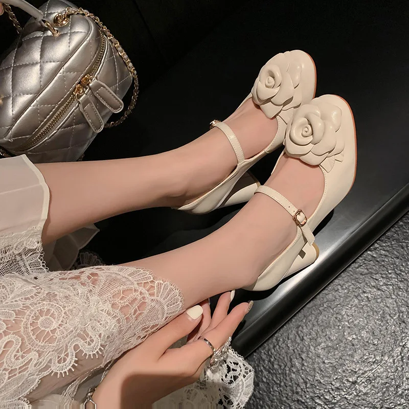 Camellia Flower Mary Janes Round Toe Block High Heels Instep Straps Pumps Summer Sweet Women Casual Comfort Daily Dress Sandals