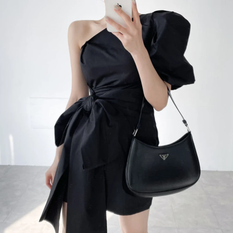 Elegant Irregular Mini Dress Women Party Sexy Black Off Shoulder One Pieces Dresses Summer Korean Bow Bandage Bodycon Vestidos