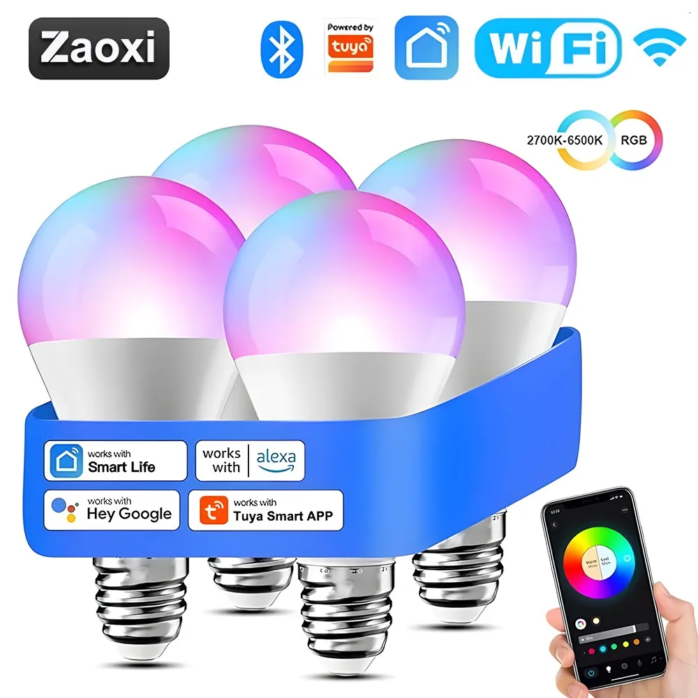 

ZAOXI Tuya WIFI Bluetooth LED Light Bulbs E27 100-240V 9W/15W RGB Smart APP Timing Bulb Support Alexa Google Home Voice Control