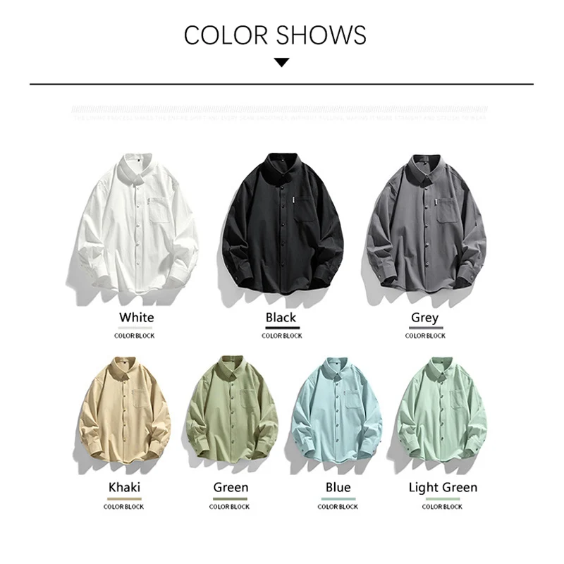 TFETTERS Brand 100%Cotton Shirts Mens Long Sleeve Baggy Spring Autumn Plain Shirt Turn Down Collar Fashion Mens Dress Shirts