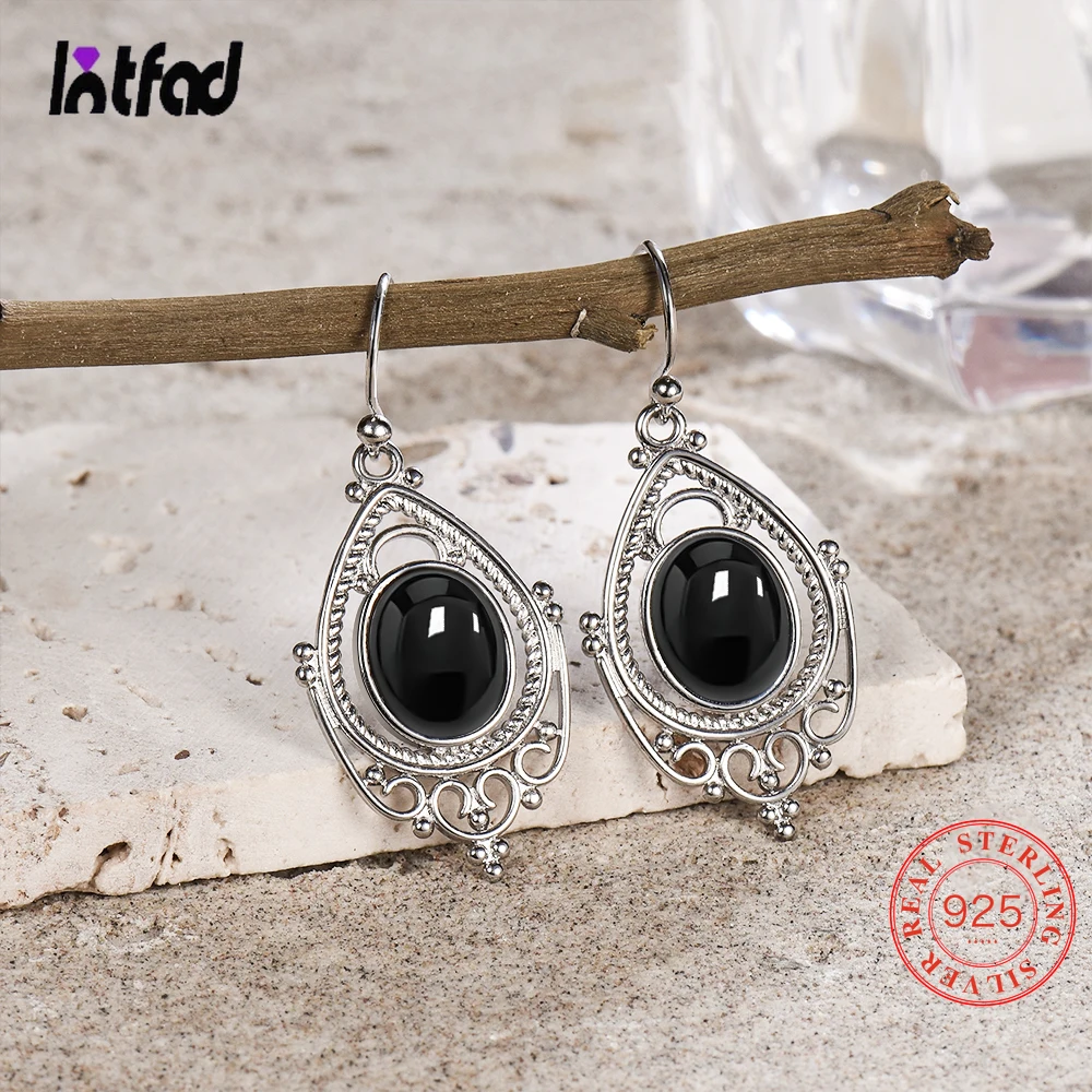 

925 Sterling Silver Earrings Natural 8*10mm Black Onyx Stone Fine Jewelry Luxury Moonstone Earrings Party Gifts for Women