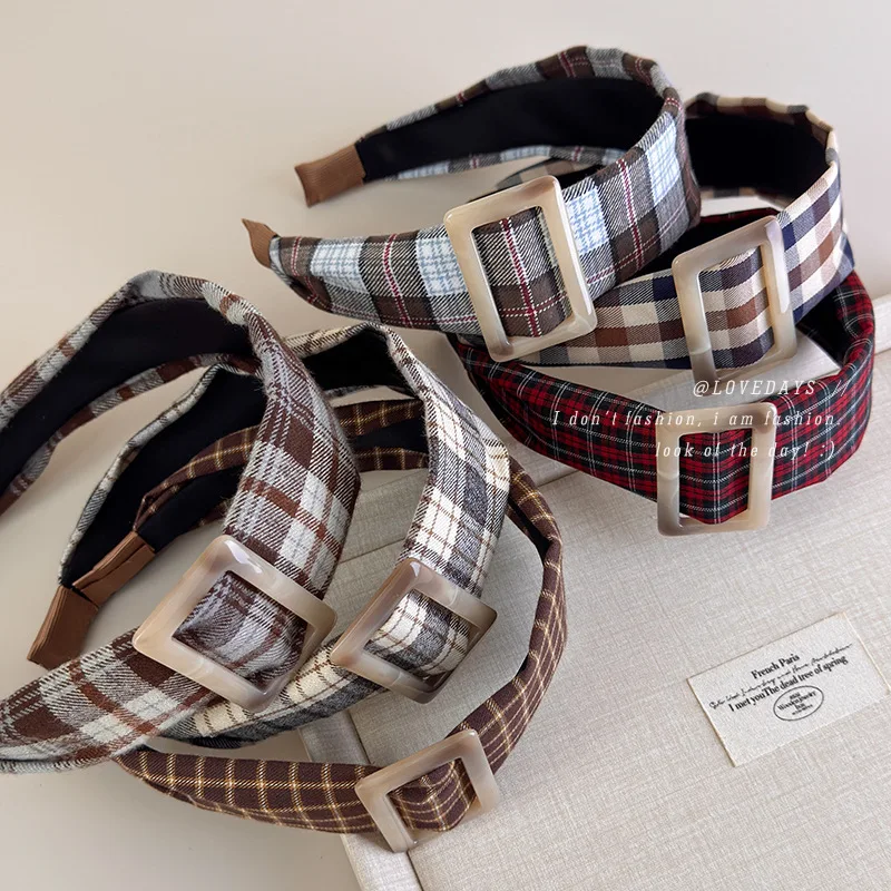

Headband Brown Plaid Wide Square Buckle Retro Preppy Fall Versatile Comfortable Soft Fabric for Women Daily Wear