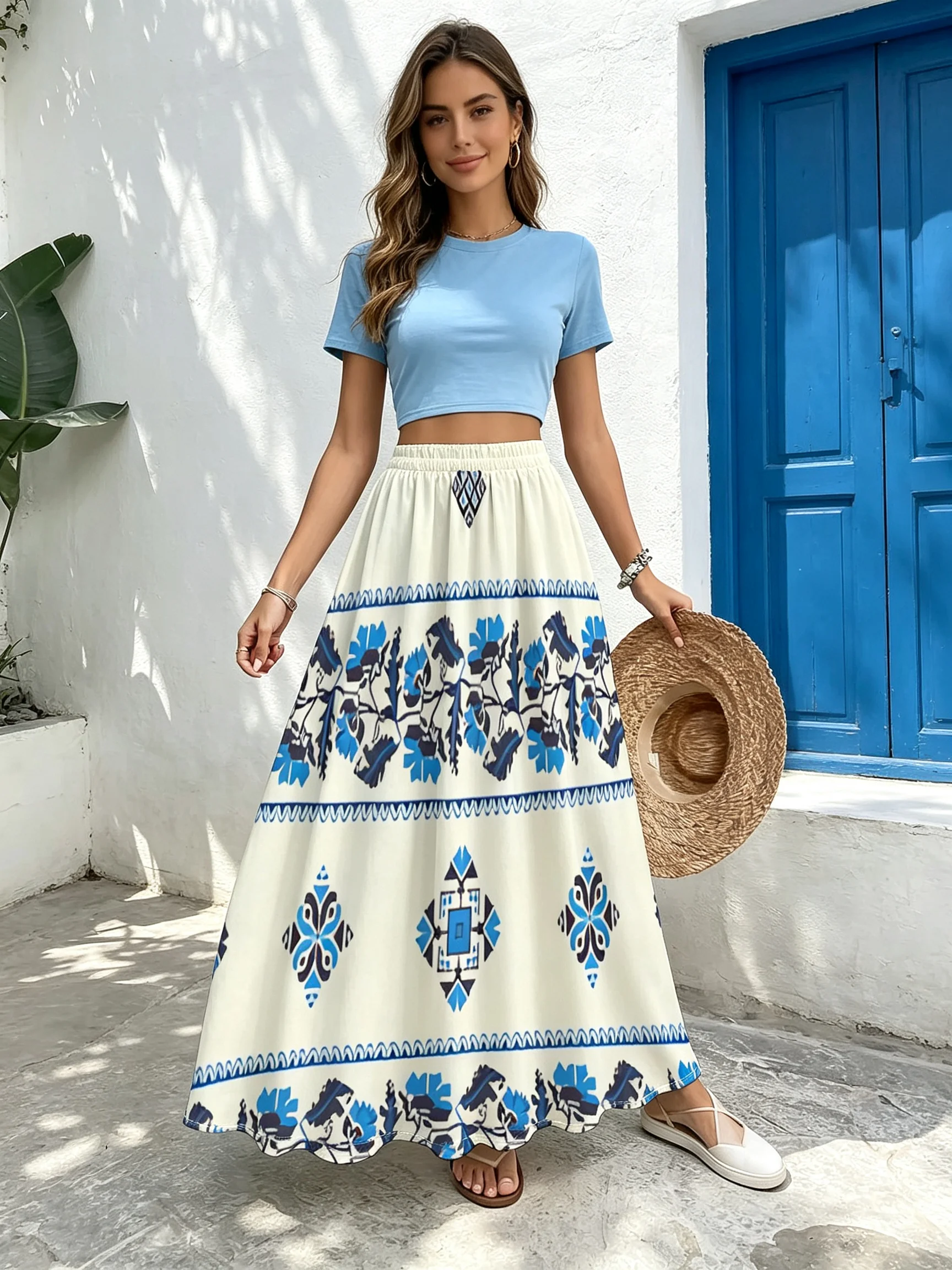 Plus Size Women'S Mid-Length Skirt, Geometric Floral Pattern, Traditional Folk Art Style, Comfortable to Wear